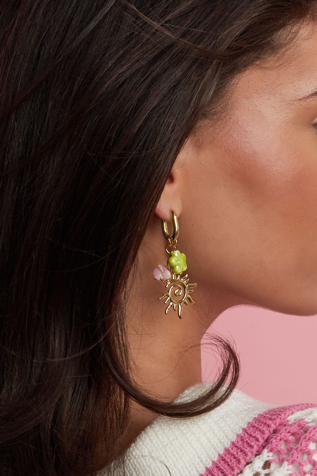 Oval hoop earrings with sun and bead charms