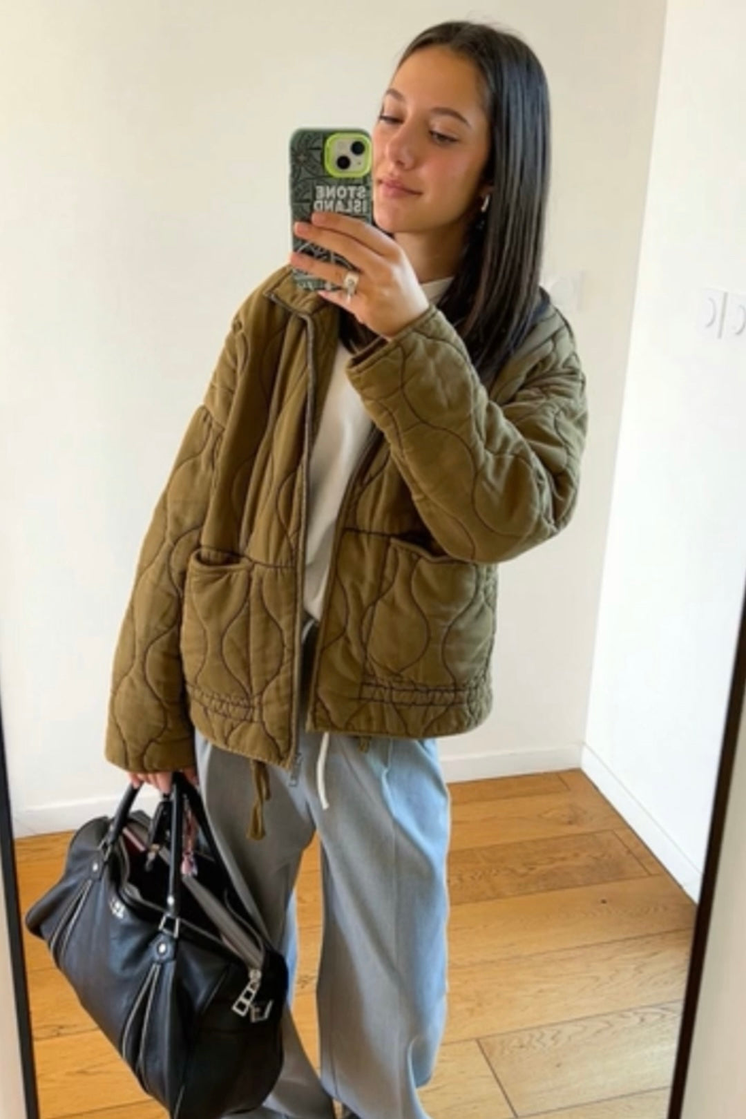 ★Grüne Vintage-Steppjacke mit hohem Kragen