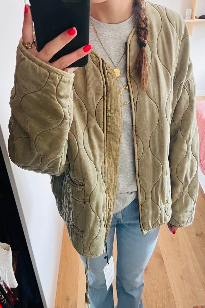 ★Grüne Vintage-Steppjacke mit hohem Kragen