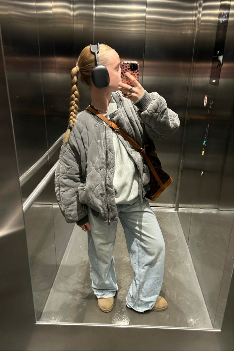 ★ Grey Vintage High-Collar Padded Jacket