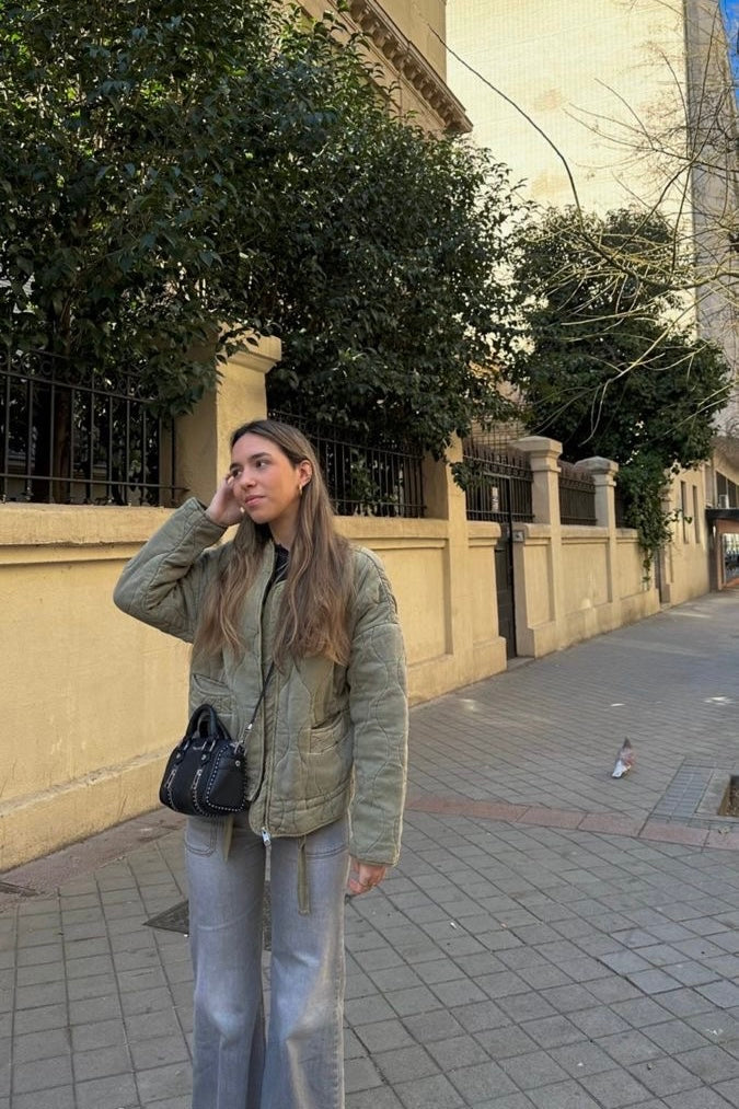 ★Grüne Vintage-Steppjacke mit hohem Kragen