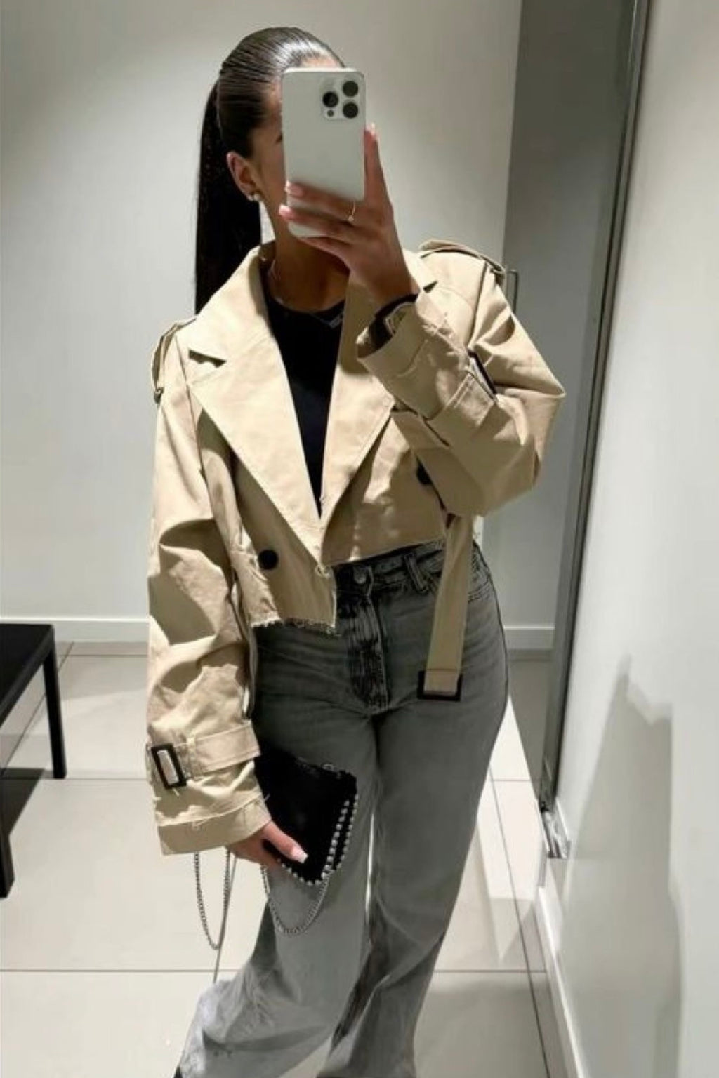 ★ Beige Cropped Trench Jacket