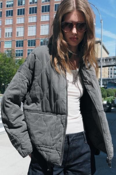 ★ Grey Vintage High-Collar Padded Jacket